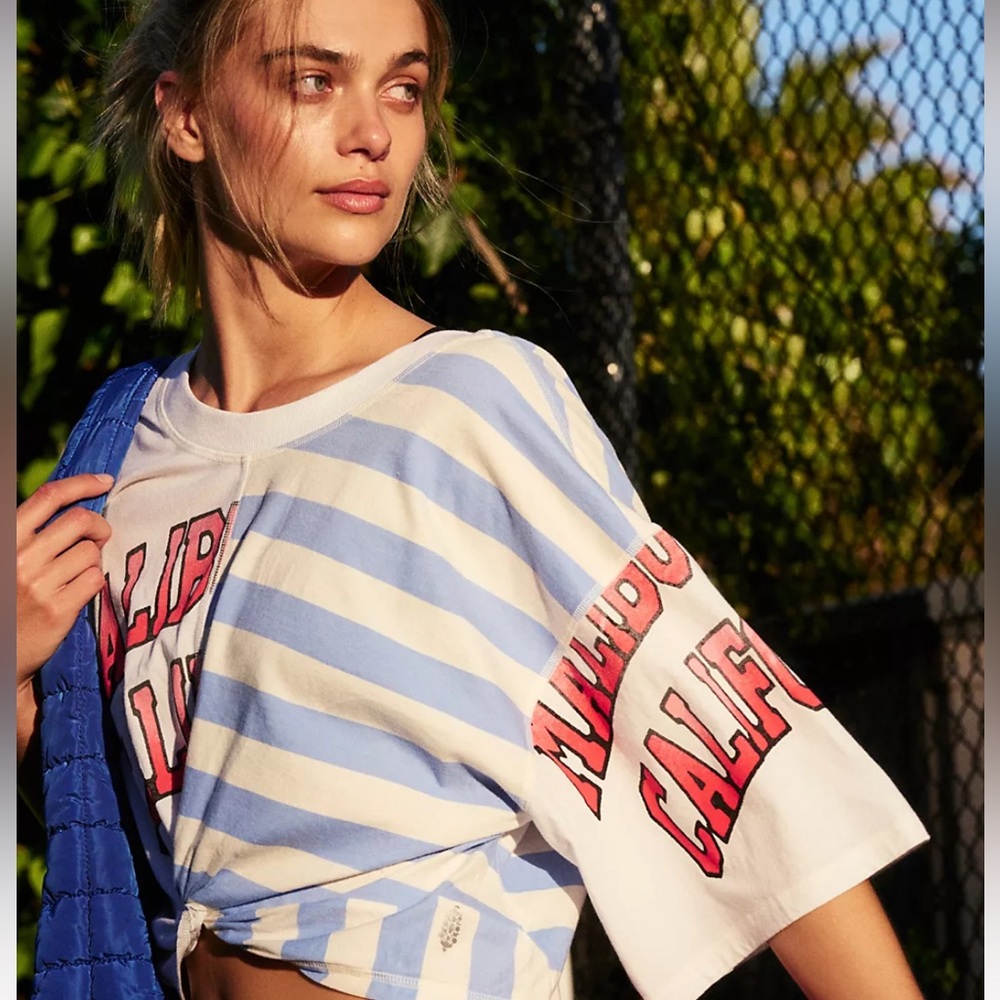 Free People Striped Malibu Graphic Short Sleeve Tee in Blue, White, Red - Picture 3 of 7
